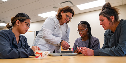 Three dental students work with an instructor.