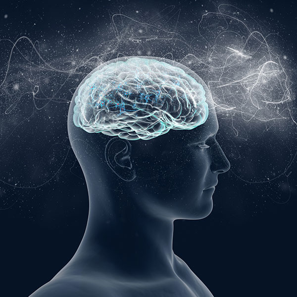 computerized image of a brain with light matter surrounding it