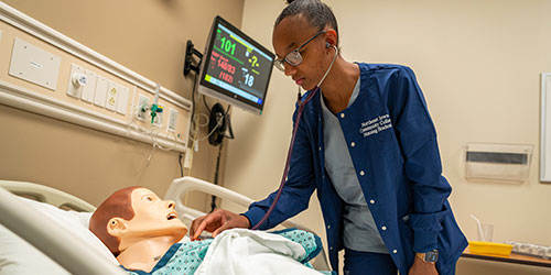 Nursing student checks heart rate of a simulation mannequin in the lab.